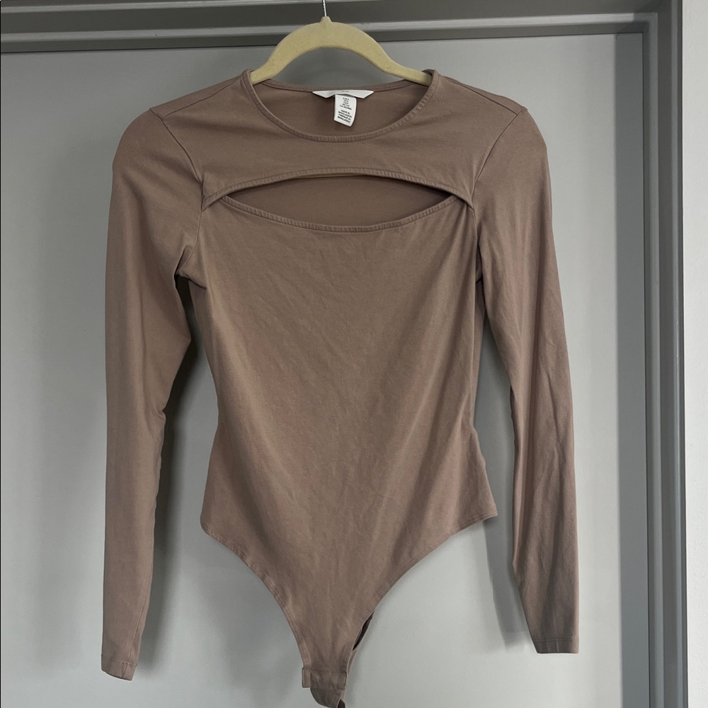 Beige Long Sleeve Cutout Bodysuit